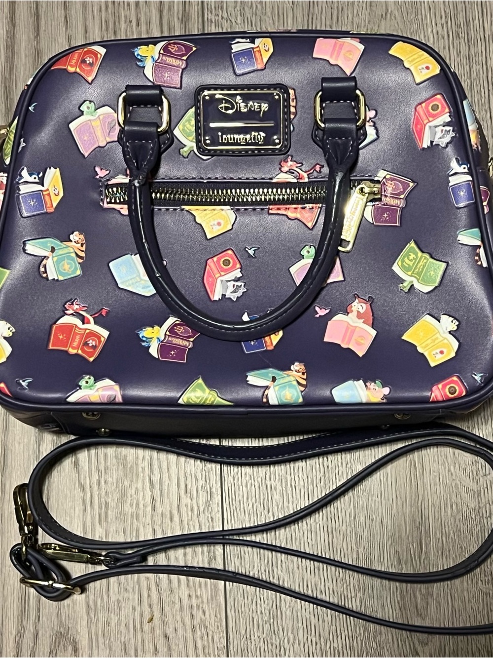 Loungefly Disney Princess Storybook Print Crossbody Satchel with Gold Hardware